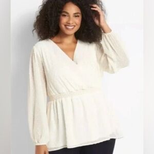 Lane Bryant Chic Cream Polk dotted V-Neck Blouse w/Balloon Sleeves Size 34/36